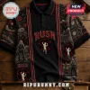 Rush 2112 Starman Black Polo Shirt featuring iconic red pentagram symbols, 2112 text, and band-themed graphic illustrations.