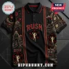 Rush 2112 Starman Black Polo Shirt featuring iconic red pentagram, Starman logo, and celestial graphic print elements.
