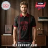 Rush 2112 Starman Black Red Polo Shirt featuring the iconic red starman emblem and vertical pattern on a black fabric.