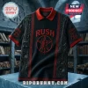 Rush 2112 Starman Black Red Polo Shirt featuring embroidered Starman logo, guitar motifs, and red contrast collar trim.