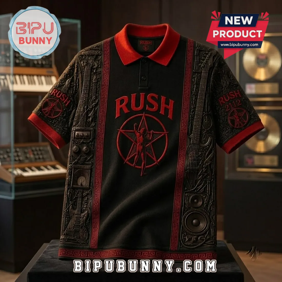 Rush 2112 Starman Black Red Polo Shirt Rush 2112 Starman Black Red Polo Shirt
