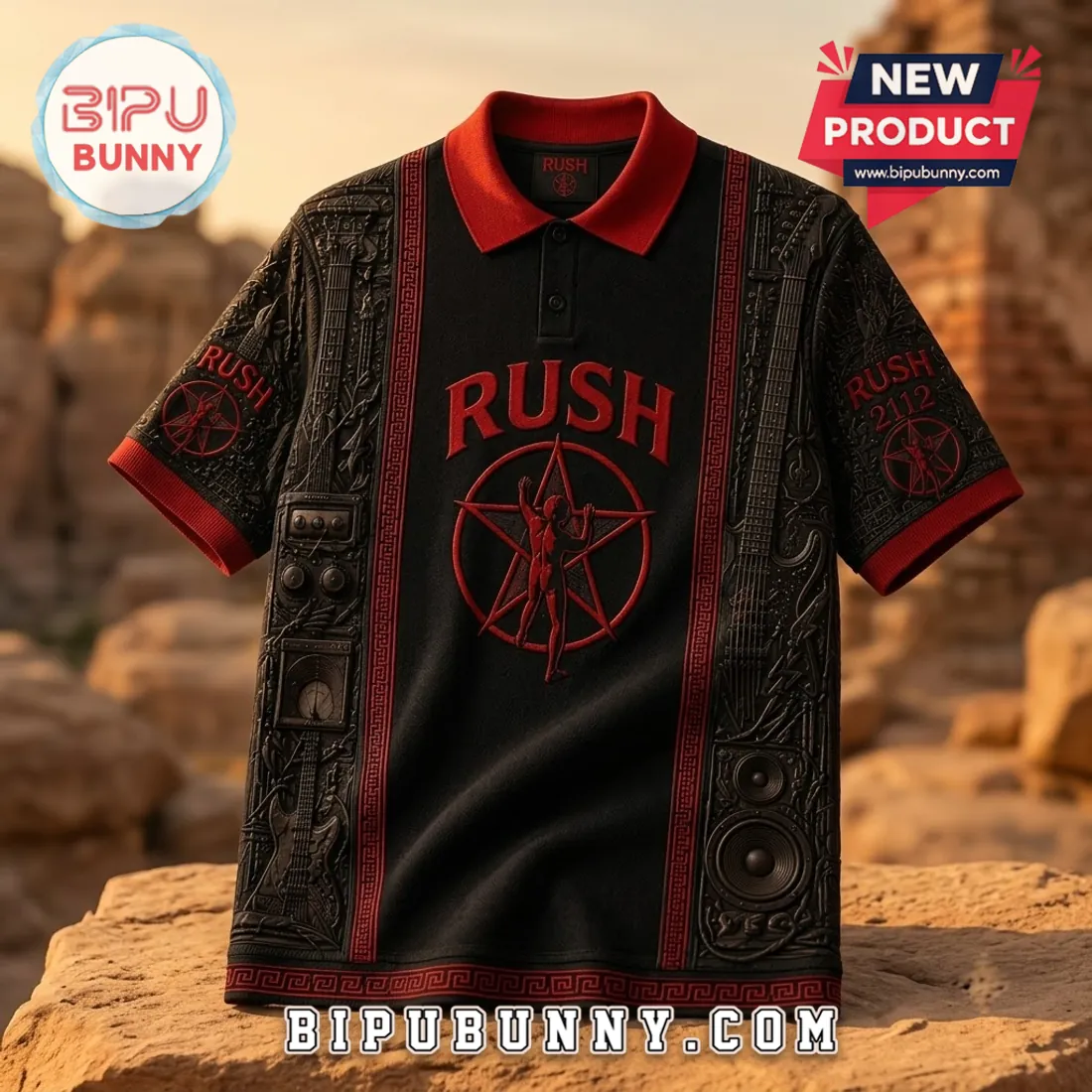 Rush 2112 Starman Black Red Polo Shirt Rush 2112 Starman Black Red Polo Shirt
