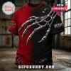 Rush Band Silver Claw Red and Black Shirt featuring a metallic claw graphic, distressed fabric, and Starman logo.