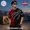 Rush Band Silver Claw Red and Black Shirt with distressed fabric texture and metallic skeletal hand graphic on rooftop.
