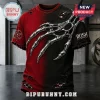 Rush Band Silver Claw Red and Black shirt featuring metallic claw graphic, distressed fabric details, and band logo print.