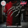 Rush Band Silver Claw Red and Black Shirt featuring a metallic claw graphic, distressed fabric, and Starman logo details.