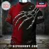 Rush Band Silver Claw Red and Black Shirt featuring a metallic claw graphic, distressed fabric, and band logo details.