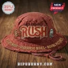 Rush Rock Band Distressed Red Bucket Hat with band logo, owl icon, and album titles embroidered on a wooden background.