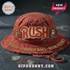 Rush Rock Band Distressed Red Bucket Hat with band logo, starman symbol, owl patch, and embroidered album titles.