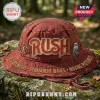 Rush Rock Band Distressed Red Bucket Hat with band logo, owl icon, and album titles embroidered on a stone surface.