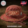 Rush Rock Band Distressed Red Bucket Hat featuring embroidered text and iconic band imagery on a weathered fabric surface.