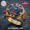 Rush Rock Band Gemstone Ring featuring a blue center stone, an owl emblem, and red and black accent gems on gold metal.