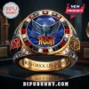Rush Rock Band Gemstone Ring featuring a blue center stone, owl emblem, gold band, and red and black accent stones.