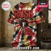 Rush Spirit Of Radio Tie Dye T-Shirt with red, black, and gold patterns, featuring distressed fabric and band star logo.