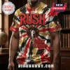 Rush Spirit Of Radio Tie Dye T-Shirt in red, black, and tan with distressed edges and the iconic starman logo on front.