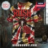 Rush Spirit Of Radio Tie Dye T-Shirt with red, black, and gold patterns, featuring distressed fabric and band logos.