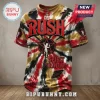 Rush Spirit Of Radio Tie Dye T-Shirt with red, black, and tan swirl pattern, central starman logo, and distressed fabric.