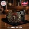 Rush Starman 1968 Embossed Leather Belt featuring a brass-toned metal buckle with red star motif on a black leather strap.