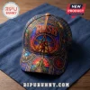Rush Themed Multi-Color Baseball Cap featuring a vibrant stained glass print, Starman logo, and an owl on a blue cloth.