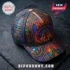 Rush Themed Multi-Color Baseball Cap featuring vibrant stained glass patterns, a central starman logo, and a tan button.