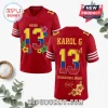 San Francisco 49ers Karol G Floral Red Football Jersey featuring number 13, flower graphics, and text on front and back.