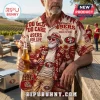 San Francisco 49ers NFL Tropical Hawaiian Shirt featuring red palm trees, team logos, and text on a beige fabric background.