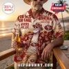 San Francisco 49ers NFL Tropical Hawaiian Shirt featuring team logos, palm trees, and sunset graphics on a tan background.