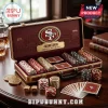 San Francisco 49ers Professional 300-Piece Poker Set in a burgundy carrying case with team logo, chips, dice, and cards.