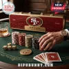 San Francisco 49ers Professional 300-Piece Poker Set in a metallic carrying case with team branding on red felt table.
