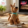 Scooby Doo Brown Plush Toy featuring a blue collar, SD dog tag, and black spots sitting on a white woven rug.