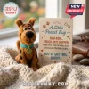 Scooby-Doo Handmade Felt Pocket Hug next to a sentiment card on a white knitted blanket.