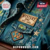 Scooby-Doo Mystery Blue Hawaiian Shirt featuring embroidered Mystery Inc. patches, stars, and the iconic Mystery Machine.
