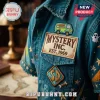Scooby-Doo Mystery Blue Hawaiian shirt featuring embroidered Mystery Machine, Mystery Inc patch, ghosts, and stars.