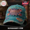Scooby-Doo Mystery Distressed Baseball Cap 2026 in teal denim with orange frayed patches, embroidered logos, and text.