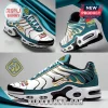 Scooby Doo Mystery Machine Teal Air Max Plus Sneakers featuring teal and white mesh, gold accents, and cartoon graphics.