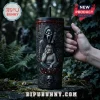 Scream Horror Movie Halloween Stanley Tumbler features a 3D Ghostface, a victim on a phone, red blood drips, and a skull.