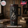 Scream Horror Movie Halloween Stanley Tumbler featuring 3D embossed Ghostface character, bloody rim, and floral skulls.
