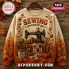 Sewing Fills My Soul Fall Harvest Ugly Sweater with vintage sewing machine, autumn leaves, and patchwork fabric design.