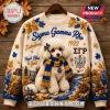 Sigma Gamma Rho Sorority Mascot Ugly Sweater with poodle graphic, royal blue and gold scarf, and autumn leaves on cream knit.