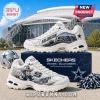 Skechers Dallas Cowboys D'Lites Mascot Chunky Sneakers in white featuring team branding and graphics on a collector box.