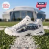 Skechers Dallas Cowboys D'Lites Mascot Chunky Sneakers in white and blue with stadium graphics on a football field background.