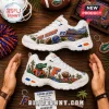 Skechers Florida Gators D'Lites White Sneakers featuring Gators mascot, Ben Hill Griffin Stadium graphics, and footballs.