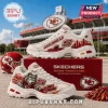 Skechers Kansas City Chiefs D'Lites Chunky Sneakers featuring team graphics, red accents, and football imagery on a box.