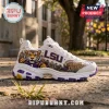 Skechers LSU Tigers D'Lites White Athletic Sneakers featuring purple and gold tiger mascot graphics and football motifs.