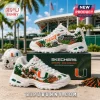 Skechers Miami Hurricanes D'Lites white sneakers featuring orange, green, and football-themed team graphics on a box.