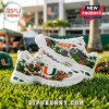 Skechers Miami Hurricanes D'Lites White Sneakers with green palm tree, Sebastian the Ibis, and stadium graphic prints.