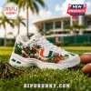 Skechers Miami Hurricanes D'Lites White Sneakers featuring Sebastian the Ibis, green palm trees, and the orange U logo.
