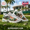 Skechers Miami Hurricanes D'Lites White Sneakers with green palm tree graphics, stadium imagery, and team mascot design.