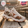 Skechers Texas Longhorns Mascot White Walking Sneakers featuring a brown bull mascot, university logo, and football print.