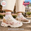 Skechers x Dolly Parton D'Lites White Platform Sneaker featuring floral prints, Dolly Parton portrait, and song lyrics.
